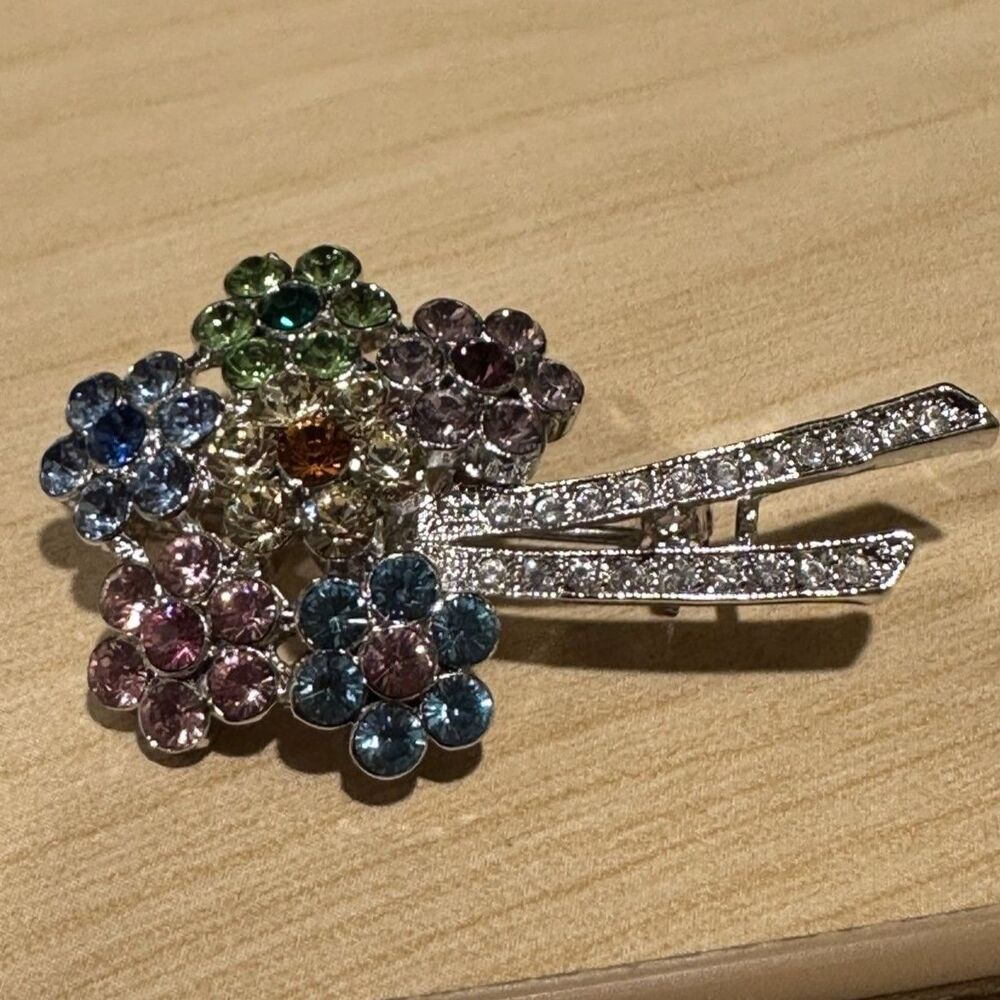 Vintage Silver Tone Multi Color Rhinestone Flower Bouquet Brooch Pin Pastel